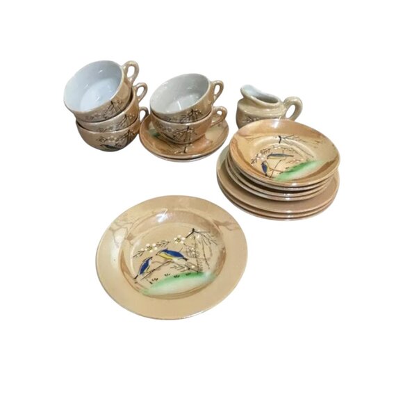 Vintage 1950s Peach Lustre Ware HP Bluebird Children's Dish Set - Picture 5 of 6